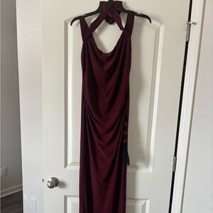 VENUS Deep Red Lace Asymmetrical Maxi Dress